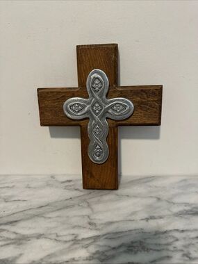 Cross pewter on wood Celtic design 12” tall